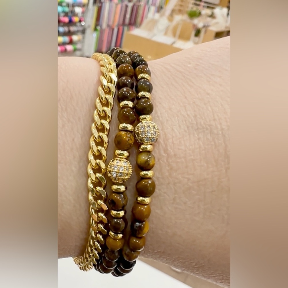 Tiger Eye Bracelets with 18k Gold Plated Cubic Zirconia